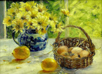 Картины - Айрис Коллетт. Лимоны на столе и цветы в бело-голубом кувшине