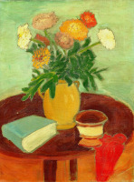 Картины - Надя Бенуа. Календула в жёлтой вазе, и книга на столике