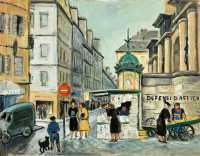 Картины - Надя Бенуа. Уличная сцена с газетным киоском в Париже