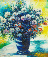 Картины - Надя Бенуа. Букет садовых цветов в голубой вазе