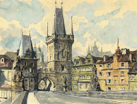 Картины - Александр Бенуа. Вид на Малостранский мост и башню Джудит в Праге