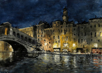 Картины - Александр Бенуа. Венеция. Мост Риальто ночью
