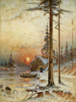 Картины - Юлий Клевер. Снежный пейзаж в вечернем свете
