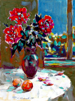 Картины - Сергей Бакаев. Розы в вазе и яблоки у окна
