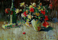 Картины - Сергей Бакаев. Розы в вазе и бокал вина