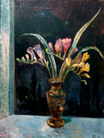 Картины - Сергей Бакаев. Фрезии у окна в пейзаже