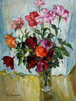 Картины - Пётр Столяренко. Розы в стеклянной вазе на столике