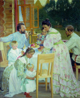 Картины - Борис Кустодиев. Семья художника на террасе