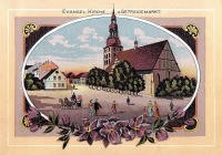 Советск - Тильзит. Поздравительная открытка с видом на Немецкую кирху и зерновой рынок  (позднее Флетхерплатц).