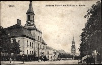 Советск - Tilsit, Deutsche Strasse mit Rathaus und Stadtkirche.