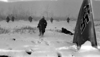 Ленинградская область - Бойцы ведут наступление на занятый немцами перелесок. На переднем плане – обломки сбитого немецкого самолеты